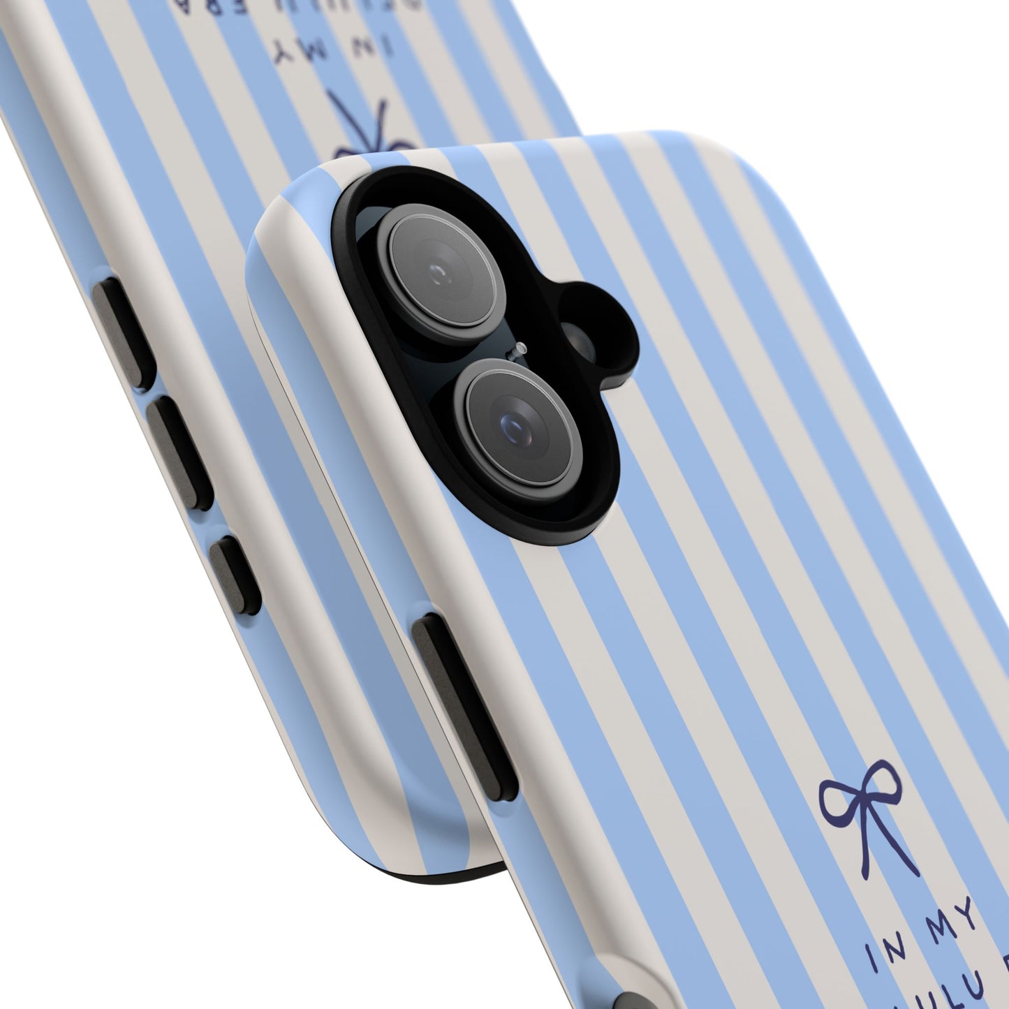Striped Blue Phone Case — "In My Delulu Era" Cute Bow Design