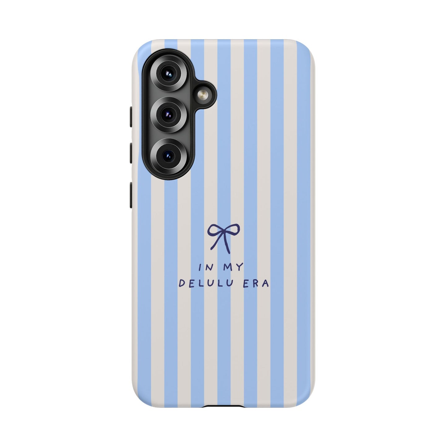 Striped Blue Phone Case — "In My Delulu Era" Cute Bow Design