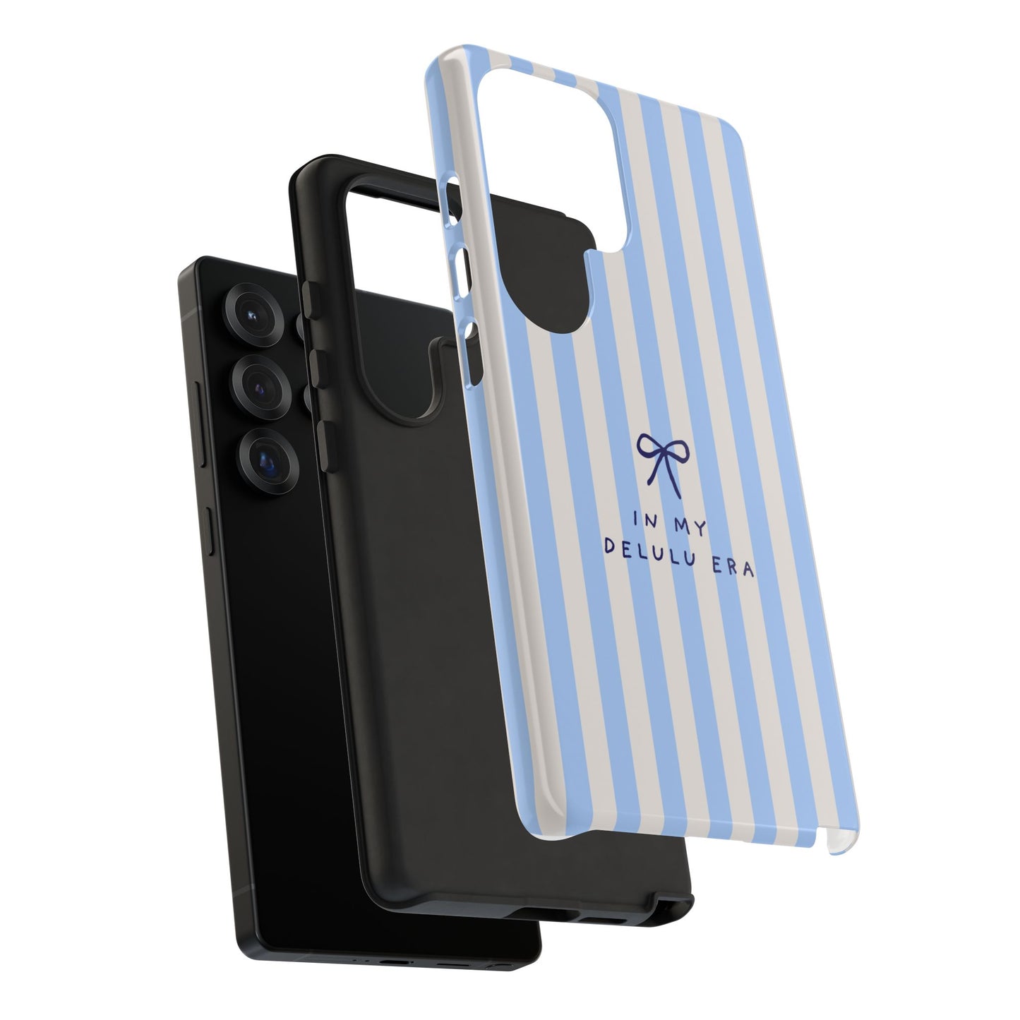Striped Blue Phone Case — "In My Delulu Era" Cute Bow Design