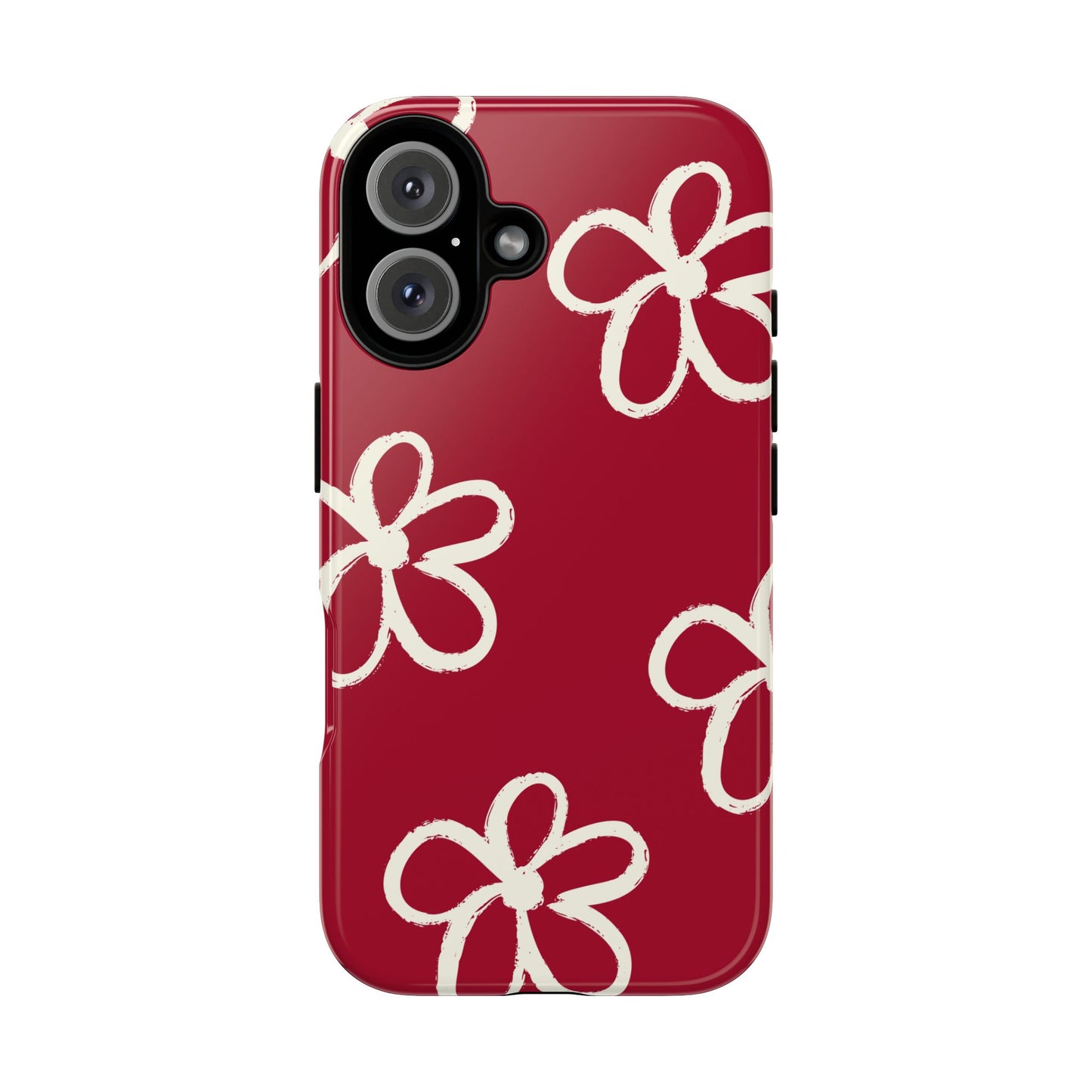 Red Floral Tough Phone Case — Hand-Drawn White Flowers on Burgundy