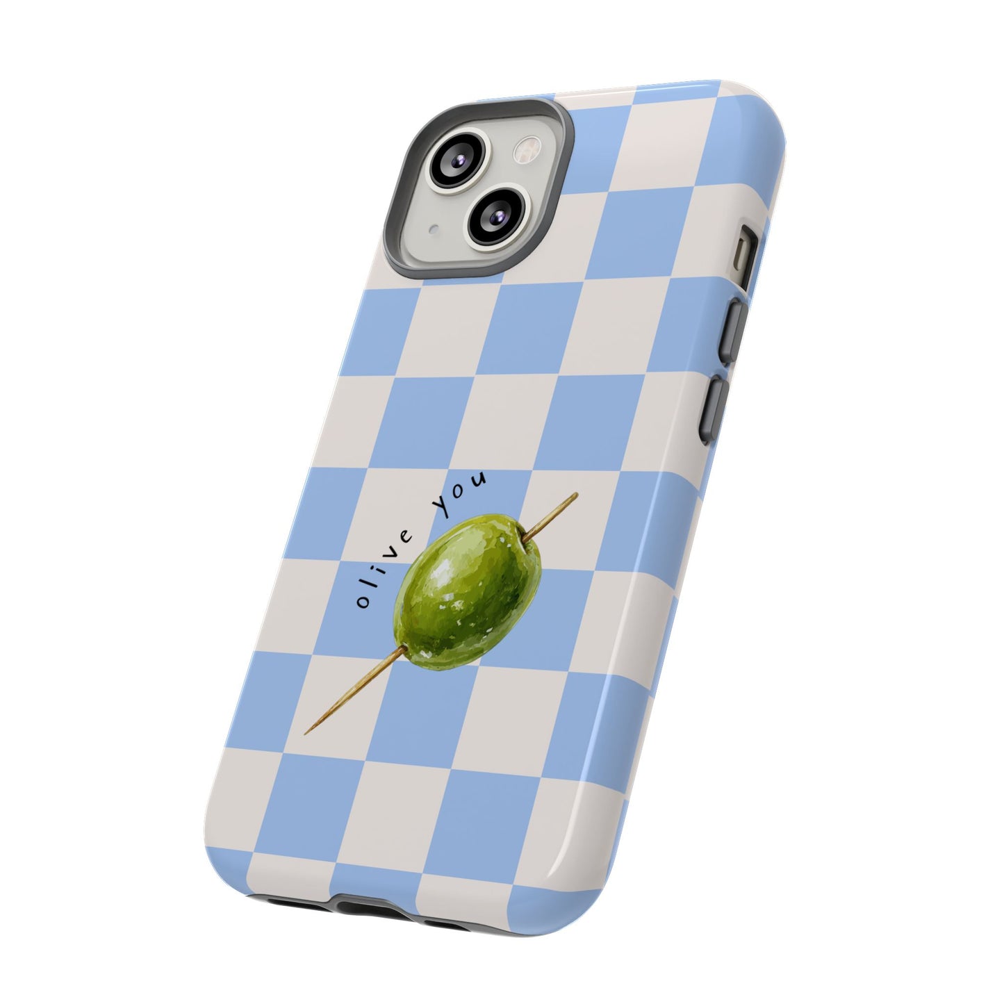 Blue Checkered Phone Case — 'Olive You' Patterned Protective Cover