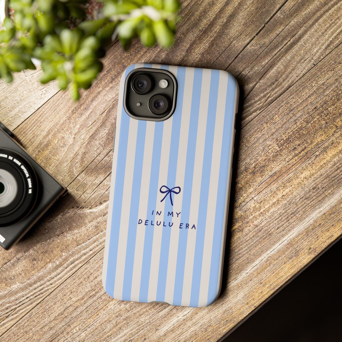Striped Blue Phone Case — "In My Delulu Era" Cute Bow Design