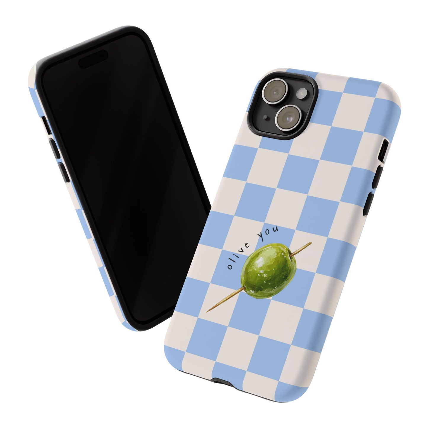 Blue Checkered Phone Case — 'Olive You' Patterned Protective Cover