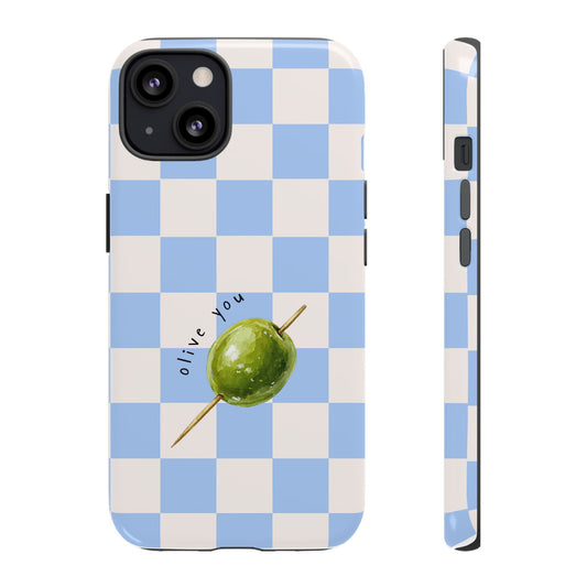 Blue Checkered Phone Case — 'Olive You' Patterned Protective Cover