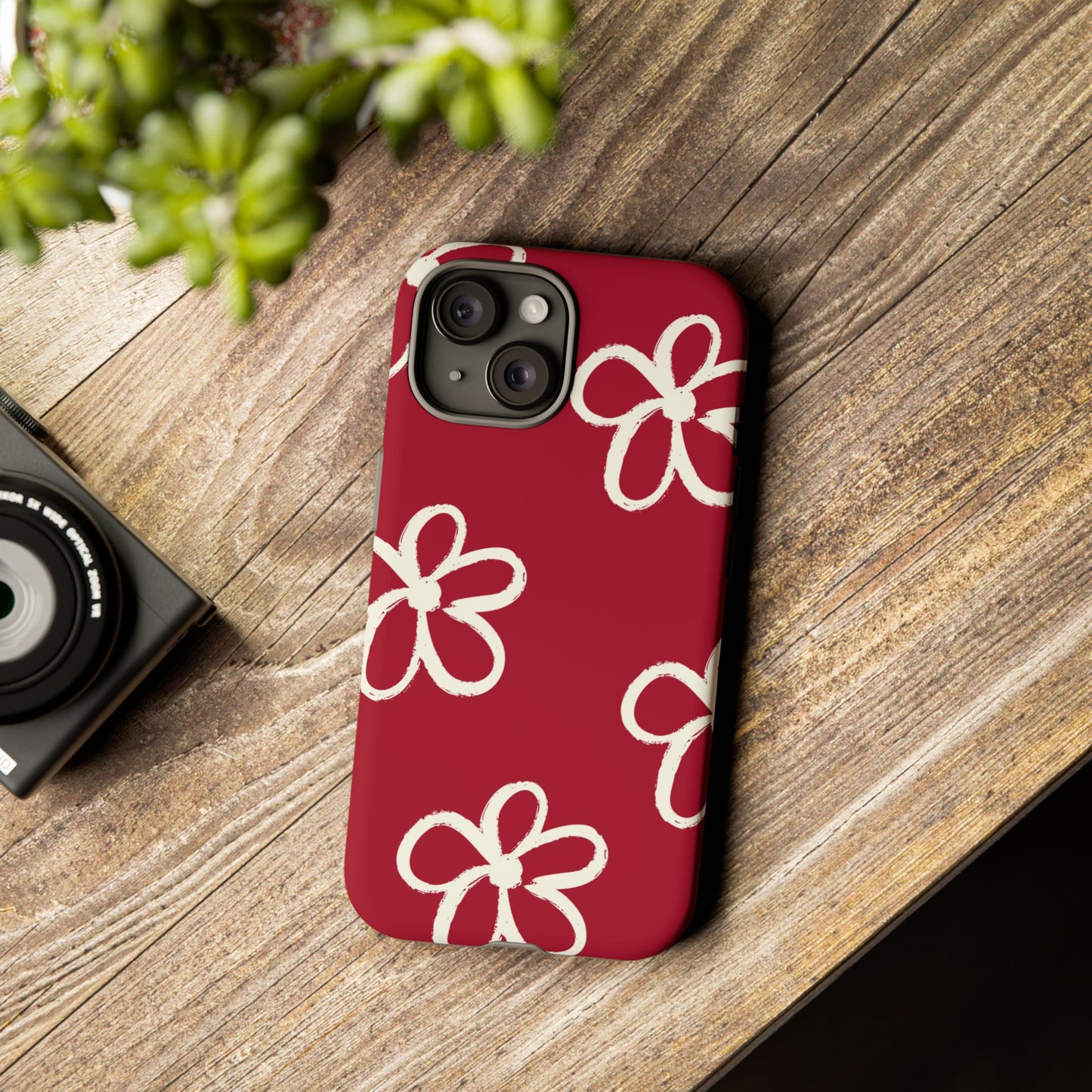 Red Floral Tough Phone Case — Hand-Drawn White Flowers on Burgundy