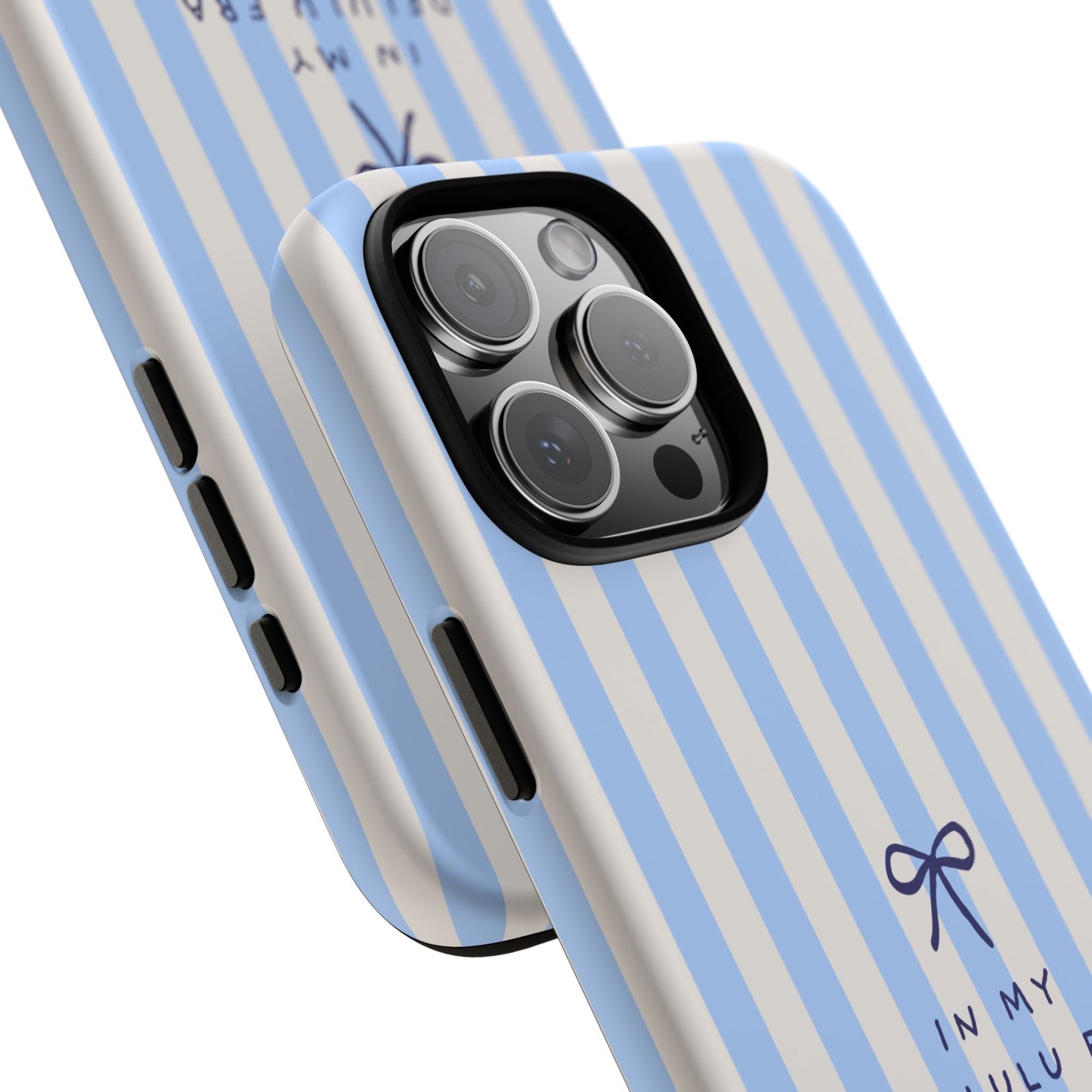 Striped Blue Phone Case — "In My Delulu Era" Cute Bow Design
