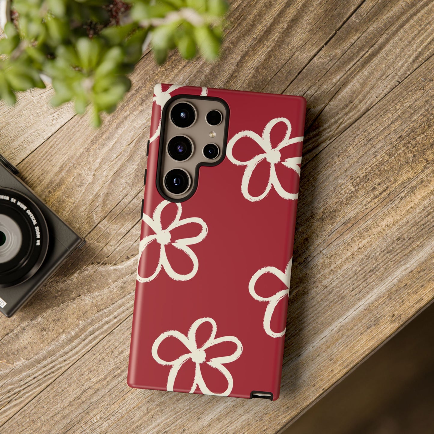 Red Floral Tough Phone Case — Hand-Drawn White Flowers on Burgundy