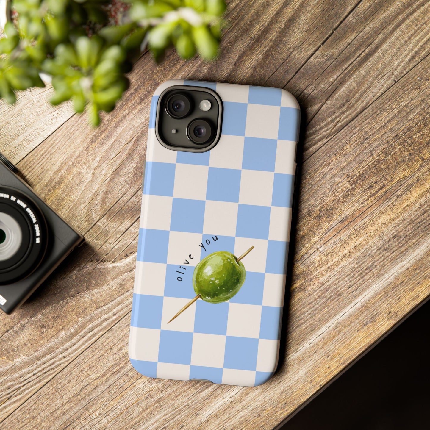 Blue Checkered Phone Case — 'Olive You' Patterned Protective Cover