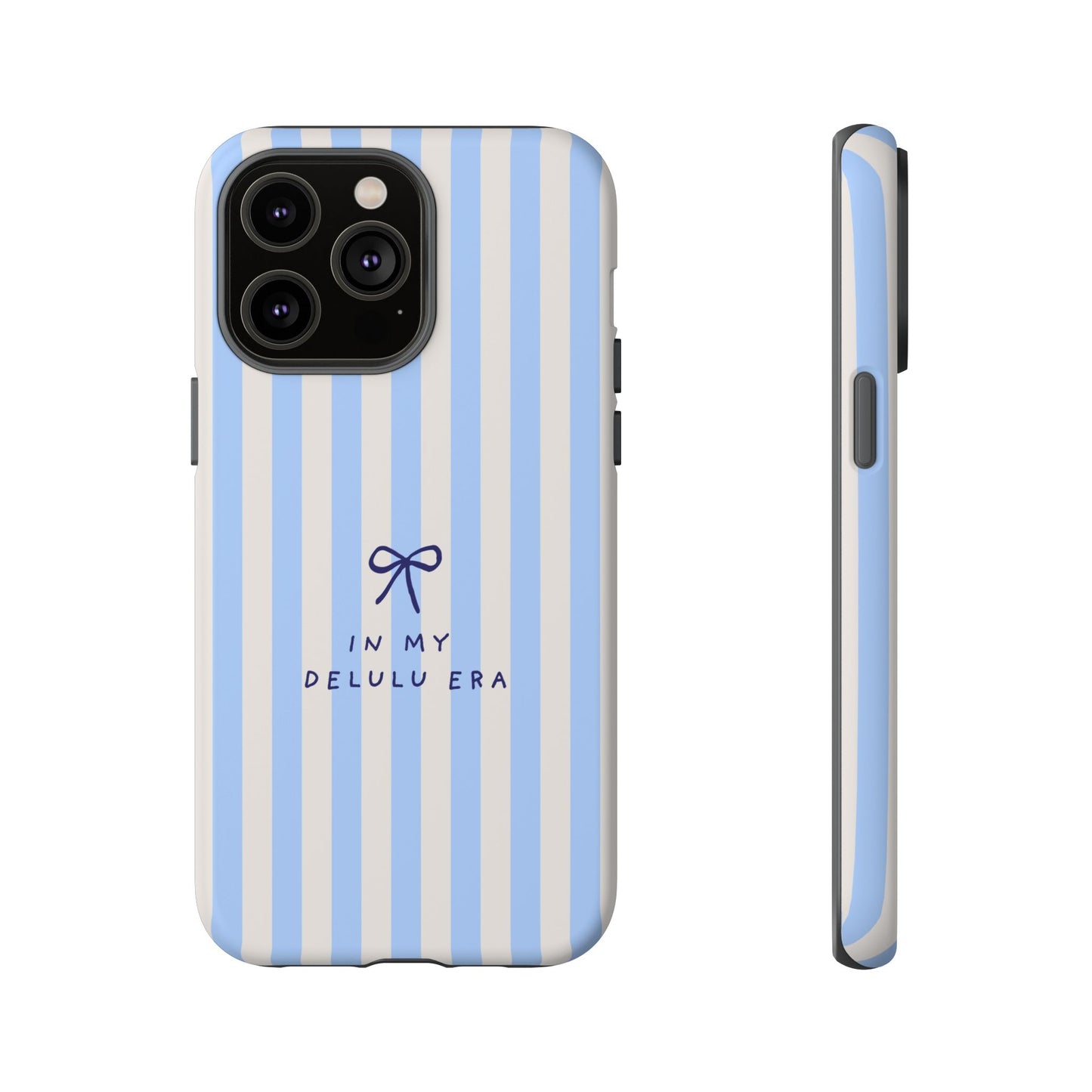 Striped Blue Phone Case — "In My Delulu Era" Cute Bow Design