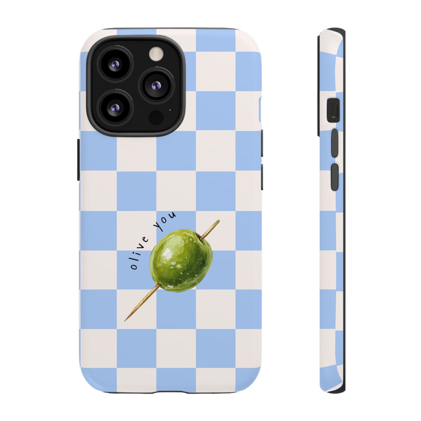 Blue Checkered Phone Case — 'Olive You' Patterned Protective Cover
