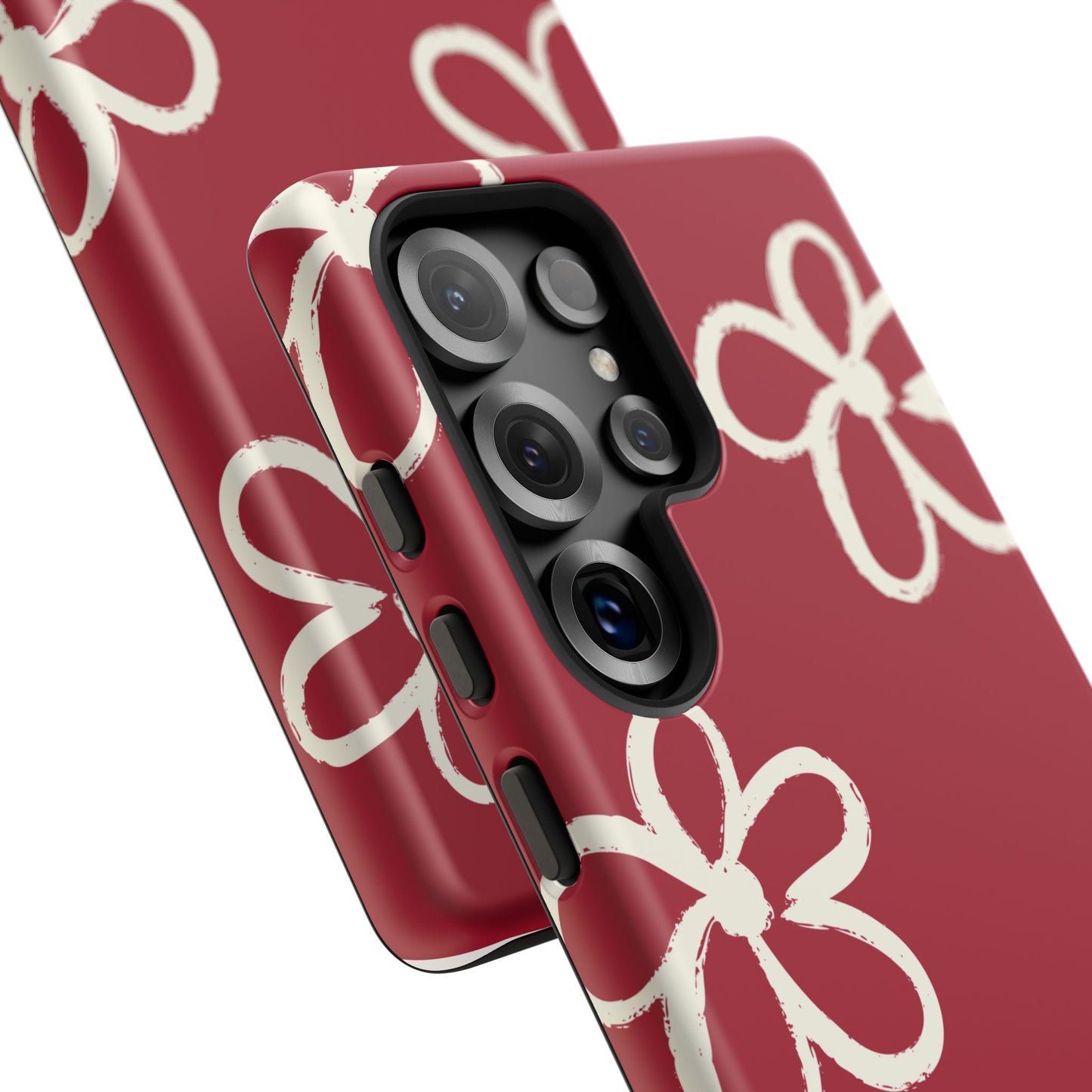 Red Floral Tough Phone Case — Hand-Drawn White Flowers on Burgundy