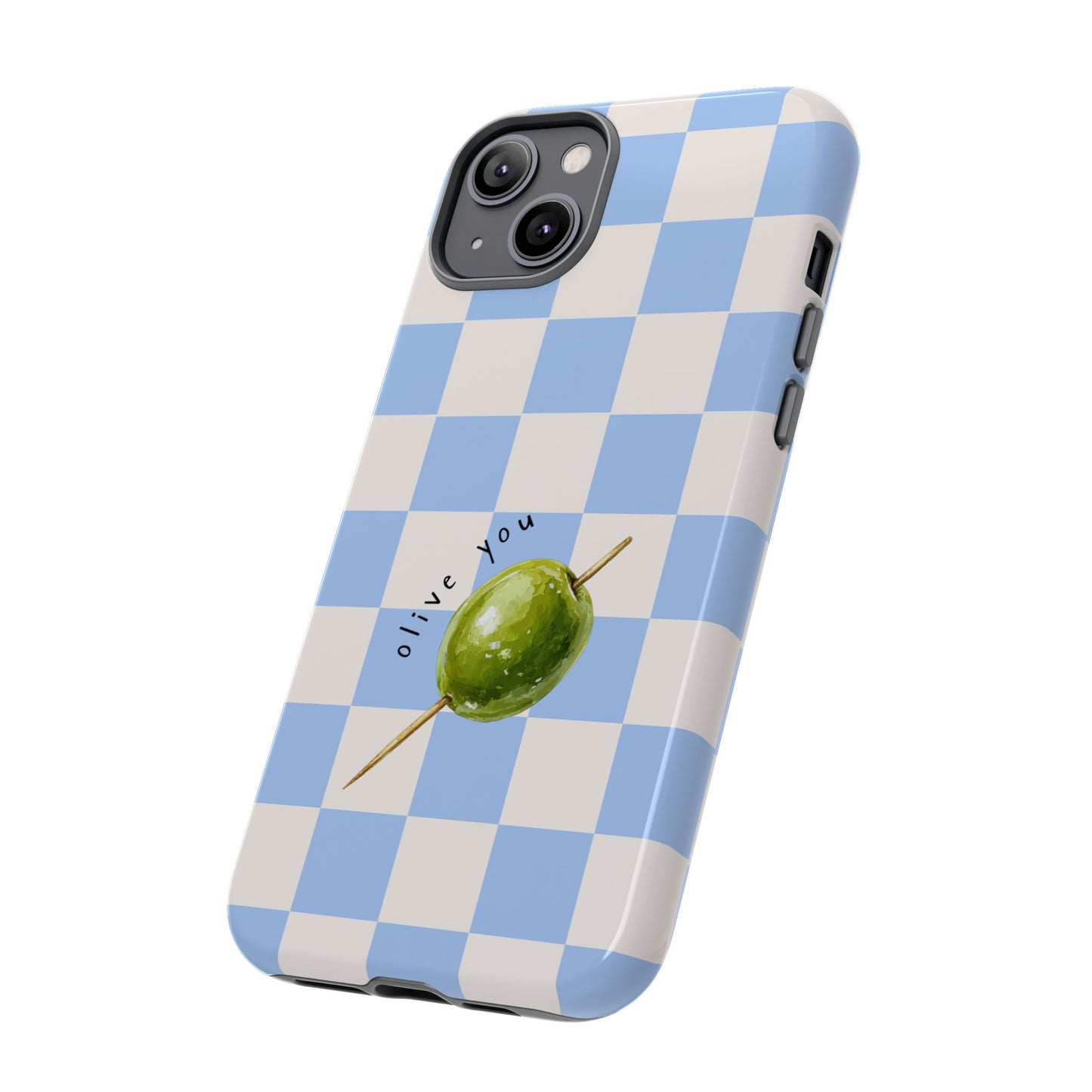 Blue Checkered Phone Case — 'Olive You' Patterned Protective Cover