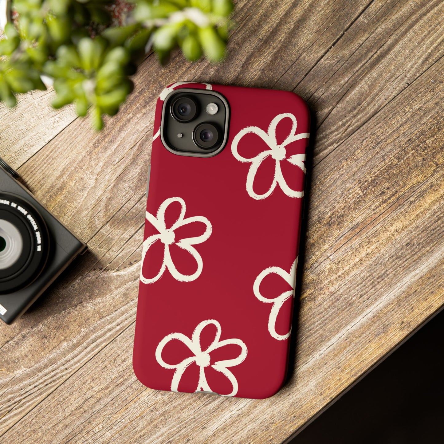 Red Floral Tough Phone Case — Hand-Drawn White Flowers on Burgundy