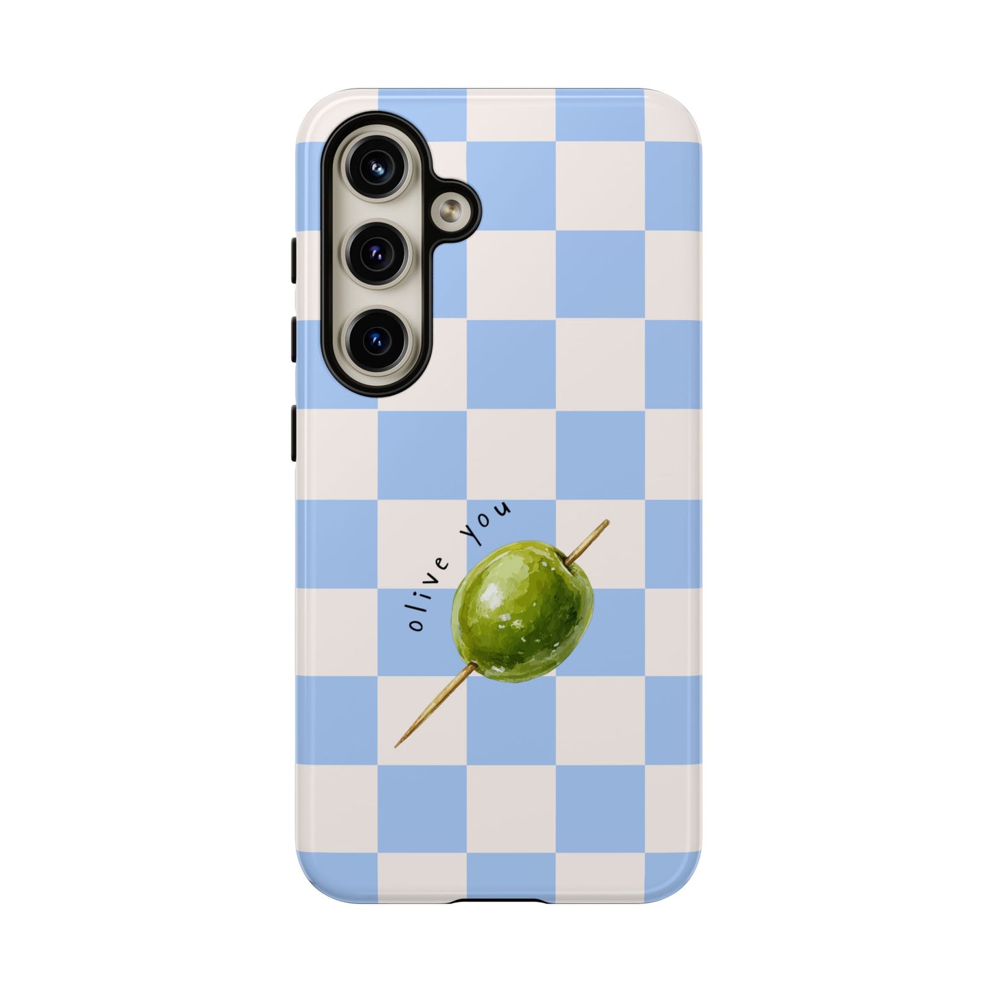 Blue Checkered Phone Case — 'Olive You' Patterned Protective Cover