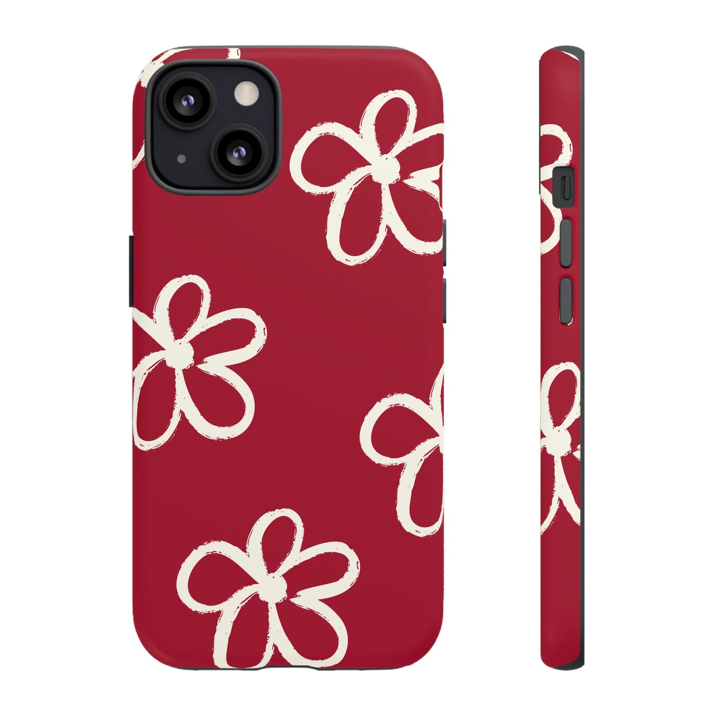 Red Floral Tough Phone Case — Hand-Drawn White Flowers on Burgundy
